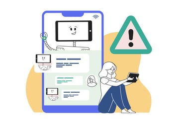 HubSpot chatbot considered harmful: results from Articulate's experiment with website chat - illustration of Arty the robot waving from a chat screen with a person beside him and a big warning sign